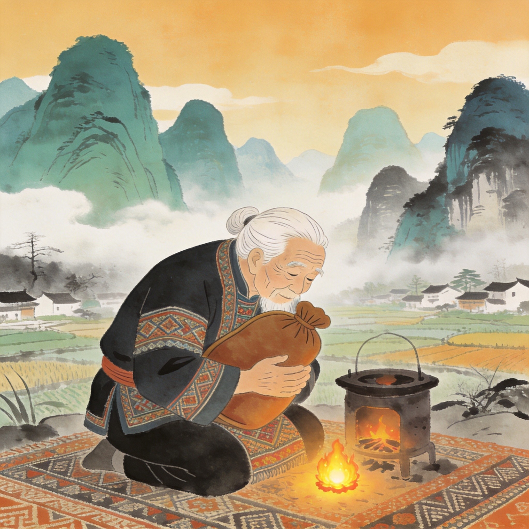 壮瑶七质 · 阳虚质插画：长者抱着暖水袋靠近小火炉